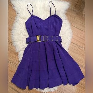 Guess by Marciano 100% Silk Purple Fit & Flare Party Dress Gold Belt Size 4